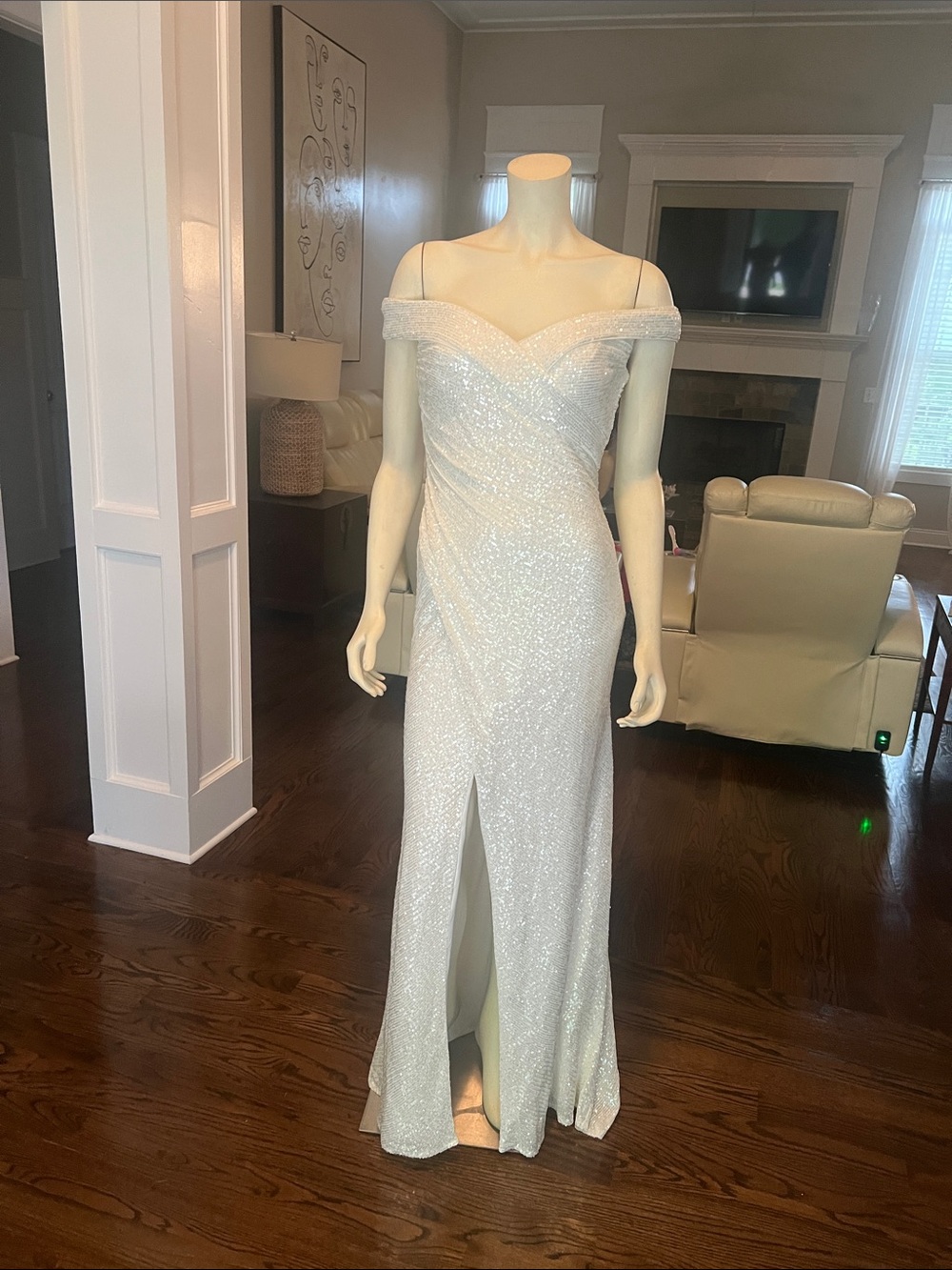 Off-Shoulder Glitter Evening Gown in White - Picture 2 of 12